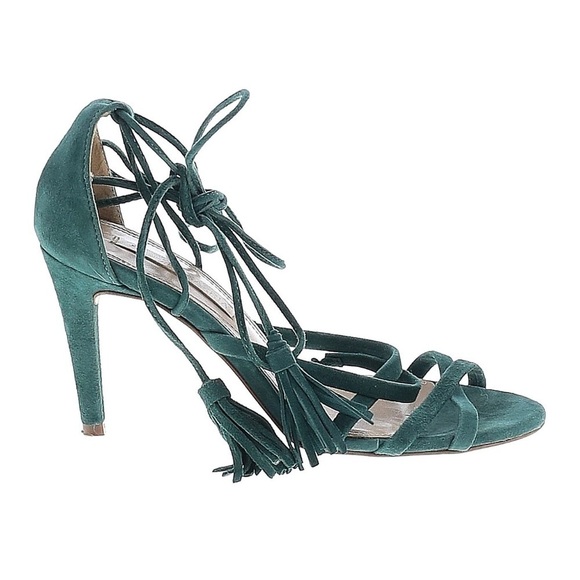 BCBGMAXAZRIA Green Suede High Heels Sz 36 Tassel Ankle Wrap - Picture 2 of 9